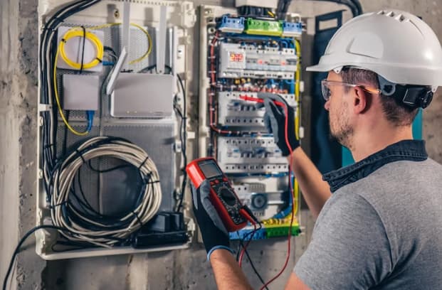 homem mexendo no quadro de luz